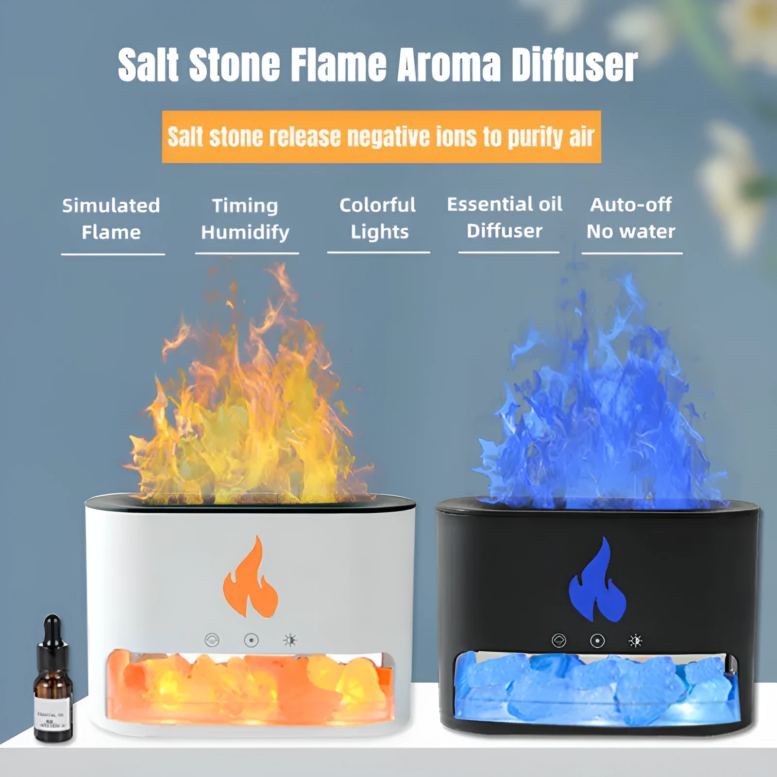 White square desktop humidifier with glowing 3D flame effect and colourful LED lights