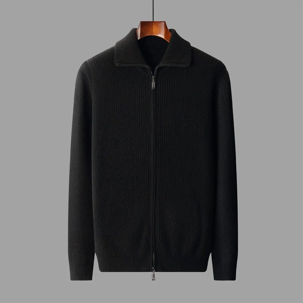men's wool zipper cardigan fall winter lapel shirt coat pure wool knitted jacket long sleeve standard wool dark gray black S M L XL XXL 3XL adult male youth casual wear daily use cold season office layering piece non-iron finish