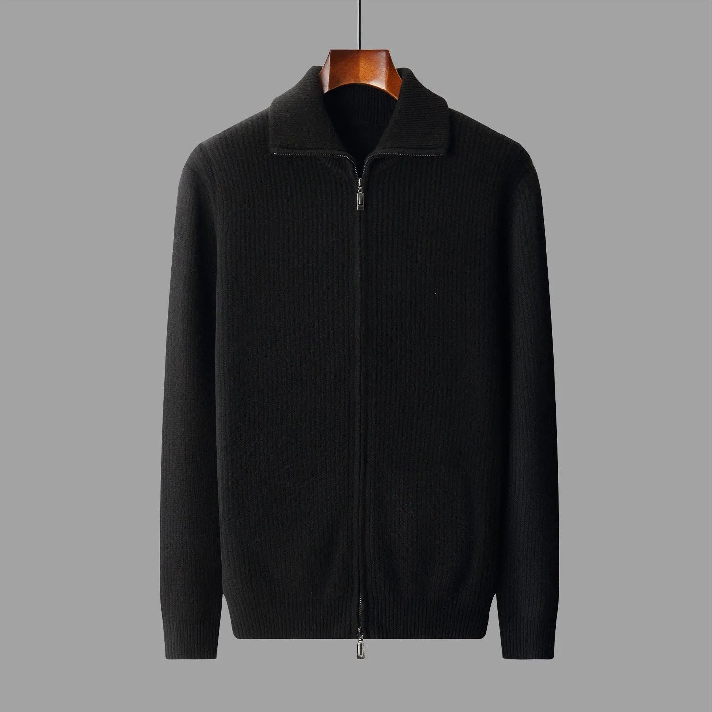 men's wool zipper cardigan fall winter lapel shirt coat pure wool knitted jacket long sleeve standard wool dark gray black S M L XL XXL 3XL adult male youth casual wear daily use cold season office layering piece non-iron finish