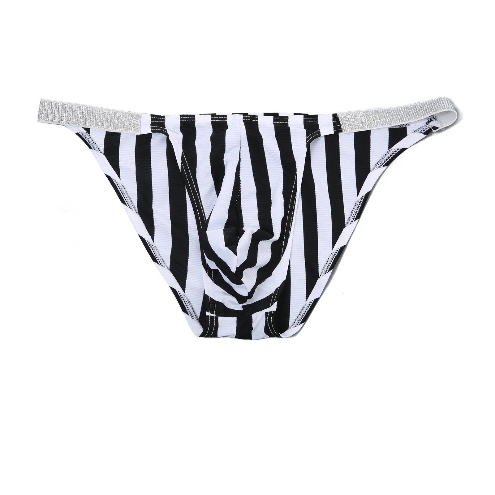 Men's shiny nylon briefs with black and white zebra stripe pattern showing low waist design