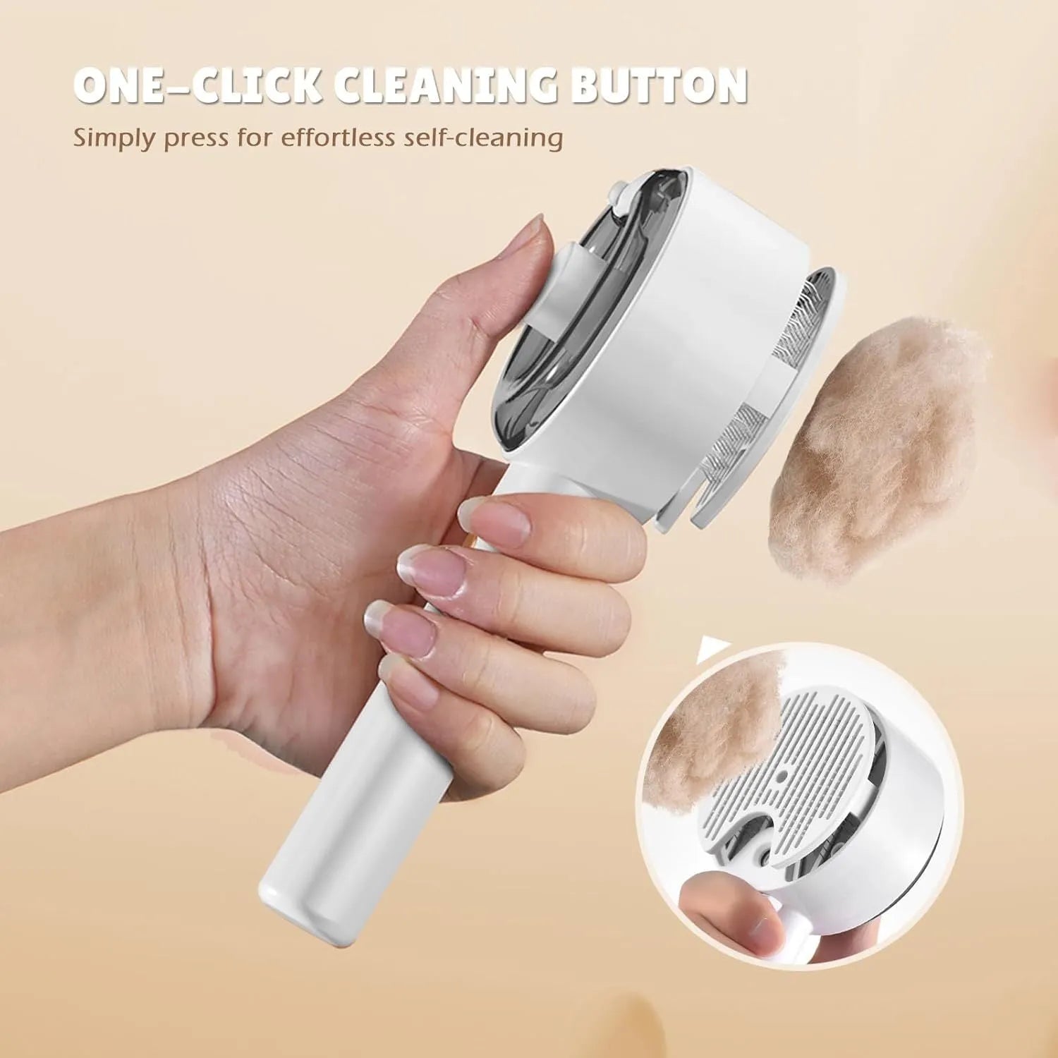 Pink and white cat grooming steam brush with mist function, rounded head, and stainless steel bristles.