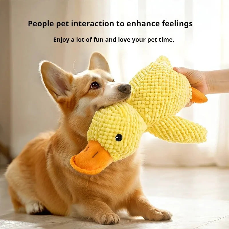 Yellow plush duck dog toy with squeaker for chewing and calming, size option shown