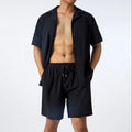 Men's loose fit casual shirt two-piece set in polyester, shown in black, size M