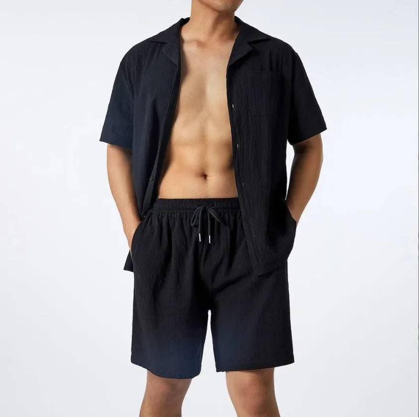 Men's loose fit casual shirt two-piece set in polyester, shown in black, size M