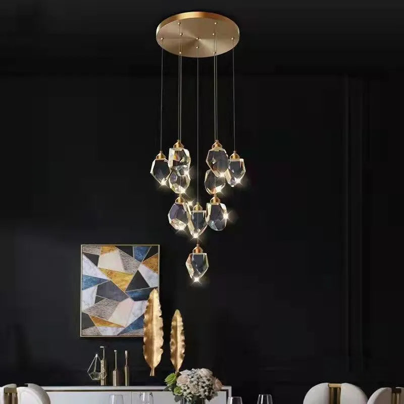 Long crane design crystal chandelier ceiling lamp for duplex stair lighting with infinite dimming
