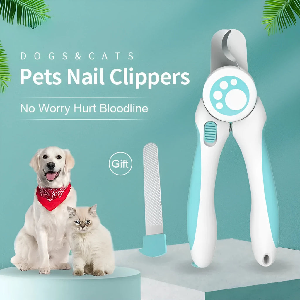 Blue and white pet nail clippers with safety lock for dog and cat grooming