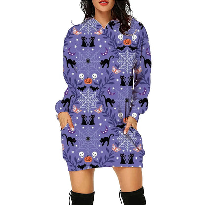 Women's long-sleeved Halloween hoodie with pockets, featuring a unique printed design in a variety of vibrant color options.