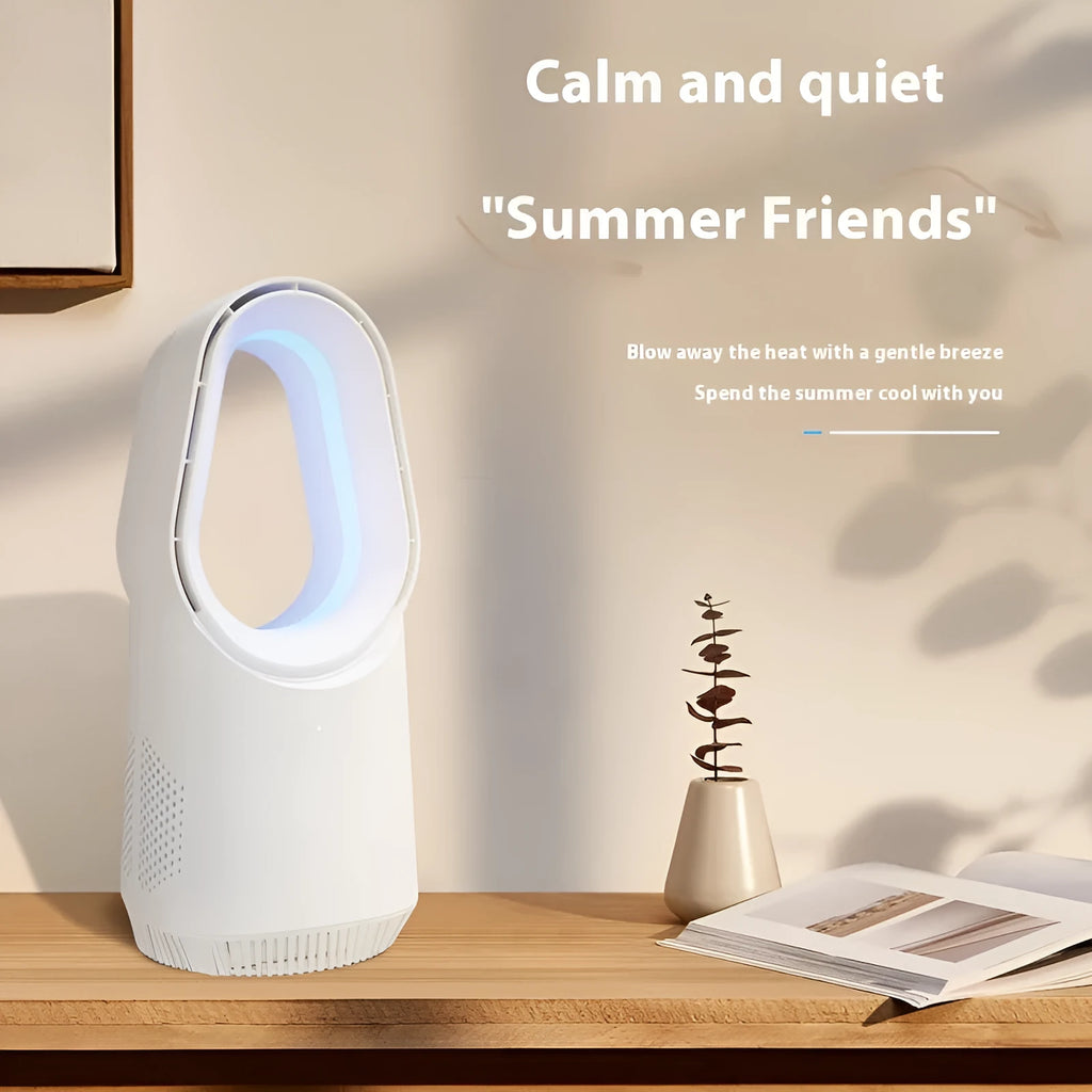 White bladeless tower floor fan with remote control and touch screen display on a wooden floor.