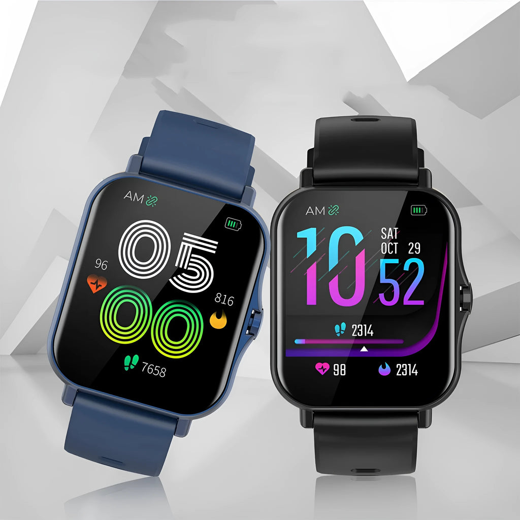 W10 smart watch with heart rate and blood pressure monitoring on wrist in blue colour