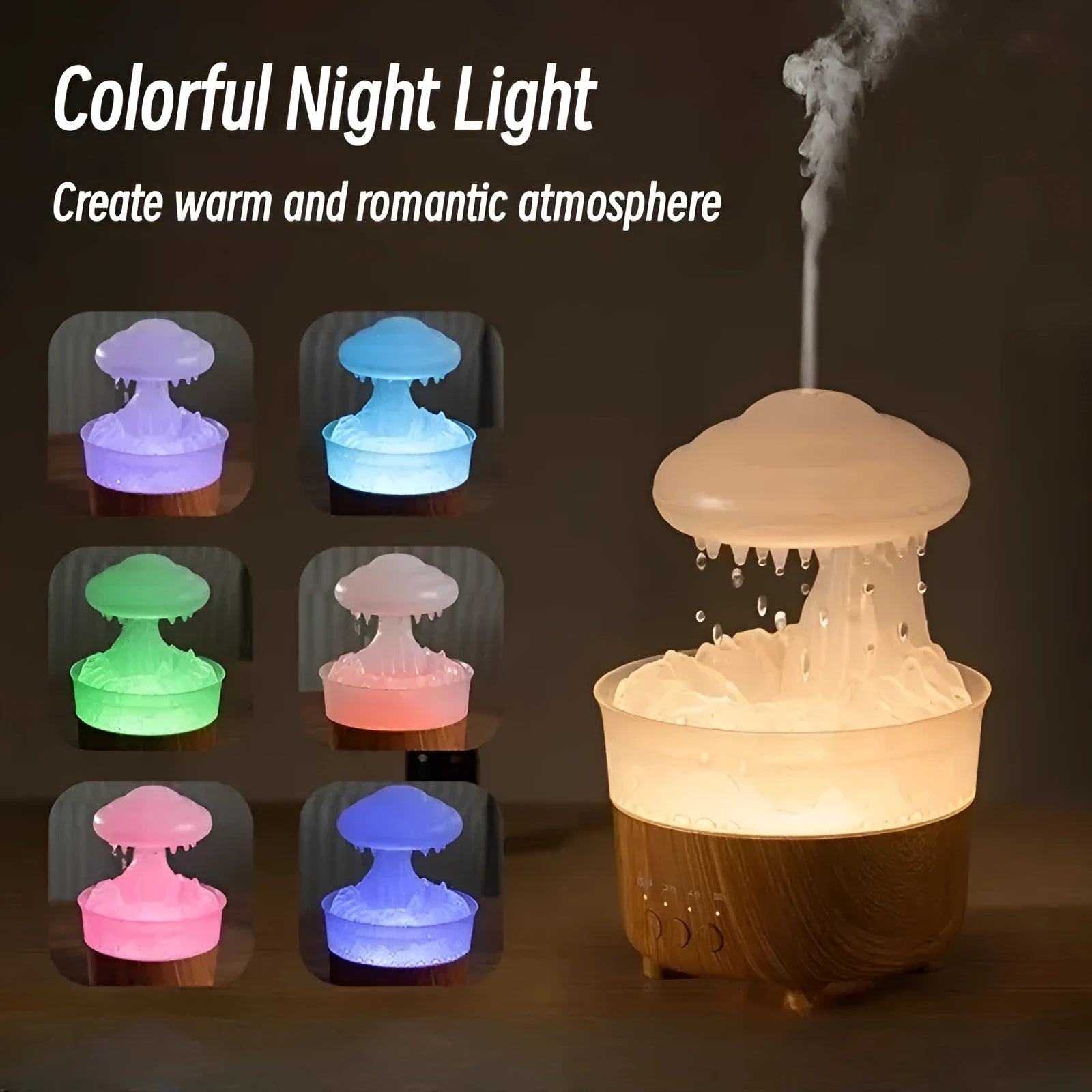 Wood grain white rain cloud shaped humidifier, diffuser, and night light on a table.