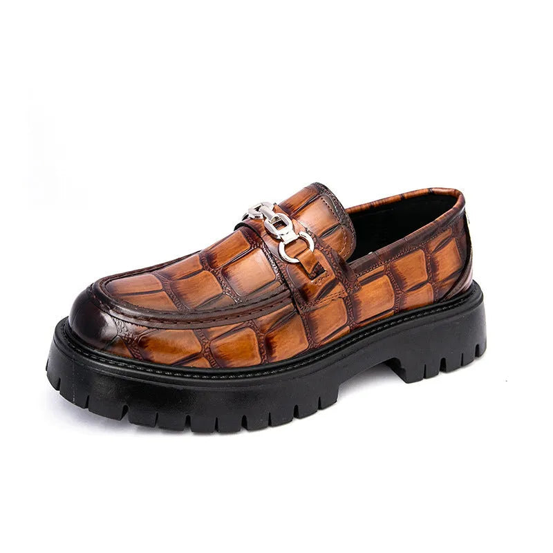 Men's crocodile-pattern leather loafers in British style with flat heel platform