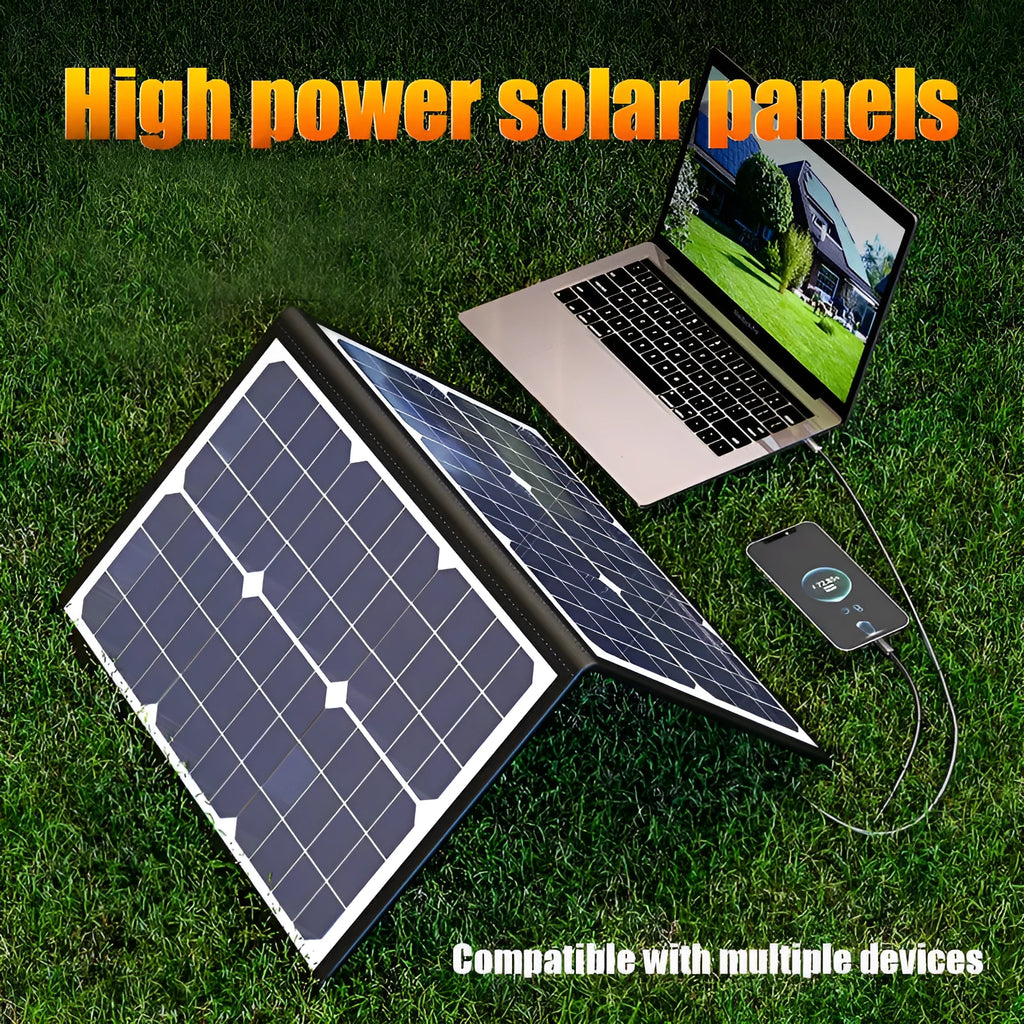 Black folding bag solar panel showing compact folded size, suitable for outdoor portable power.
