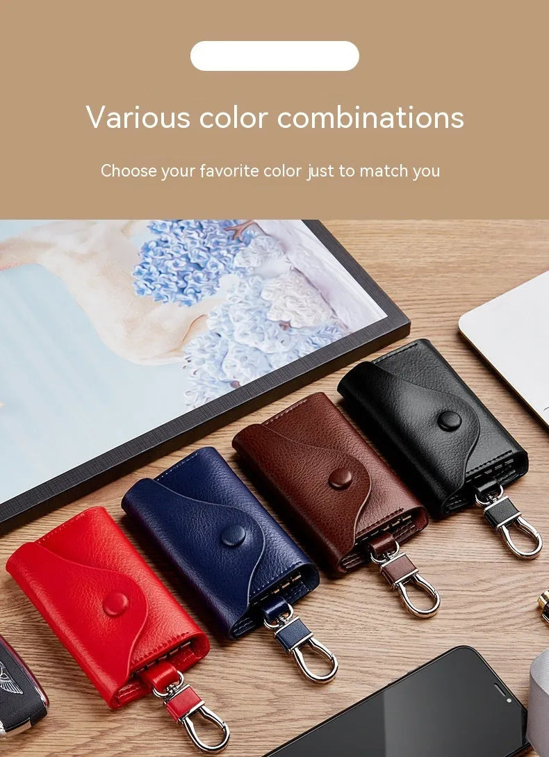Genuine leather keychain card holder in square vertical design with key organisation