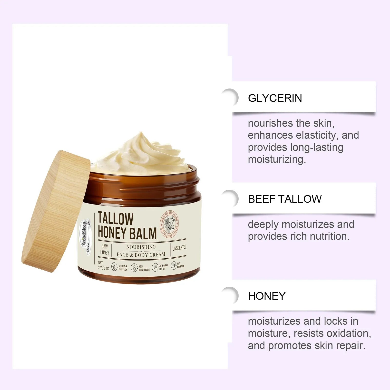 Tallow honey skin repair moisturising cream in 57g jar with natural ingredients