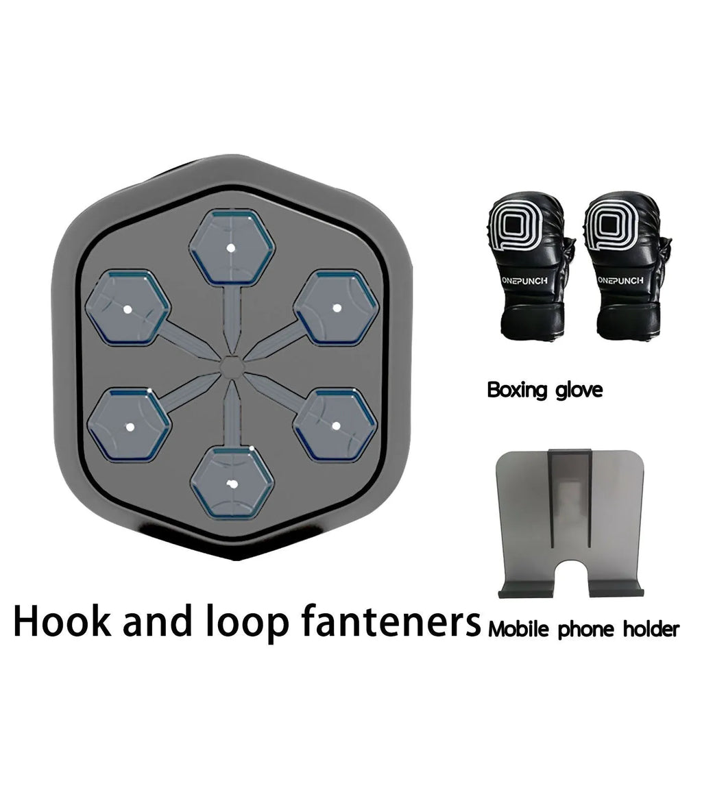 Black smart boxing machine with Bluetooth symbol and Velcro design on EVA surface.