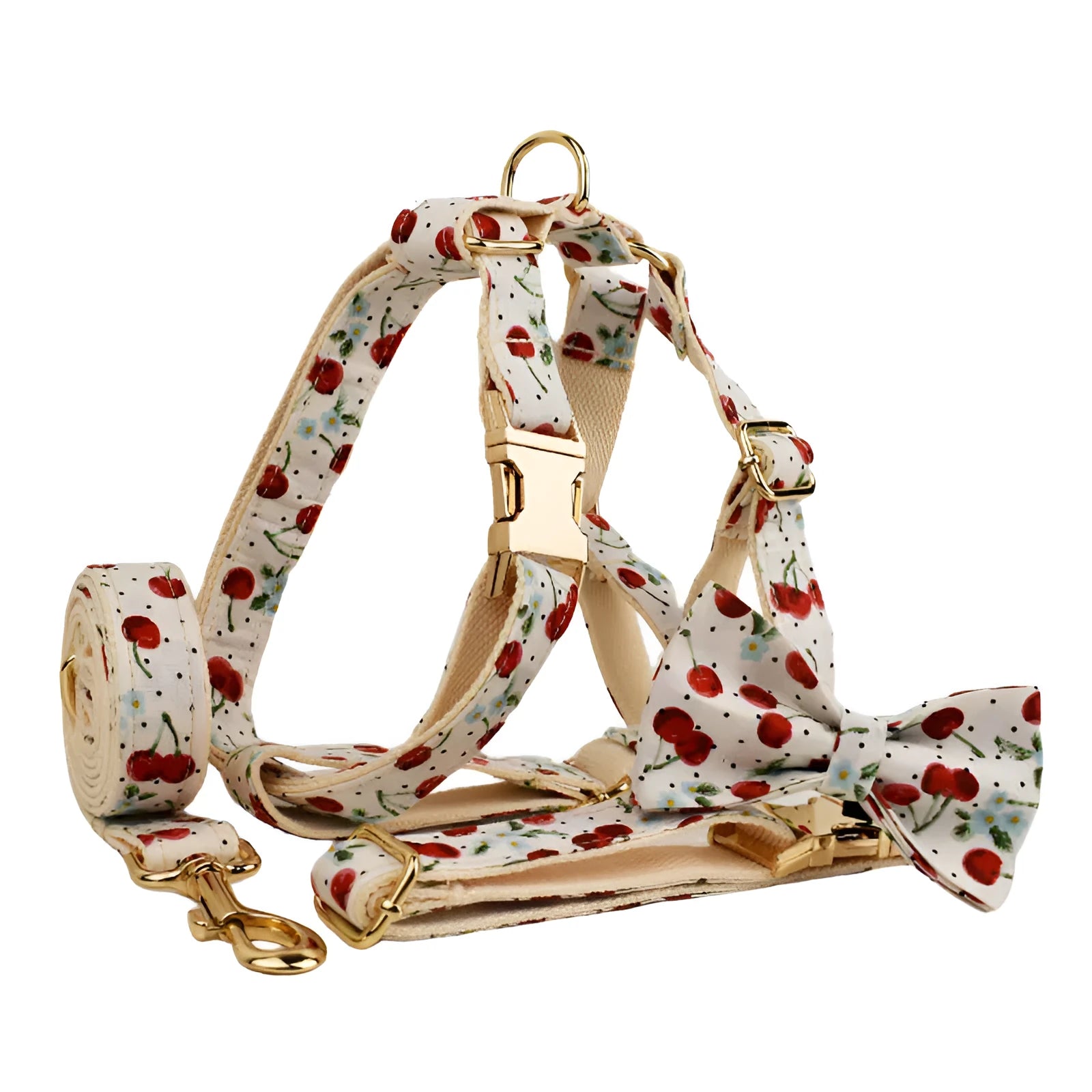 Red cherry print dog collar and leash set with adjustable buckle and bow decoration