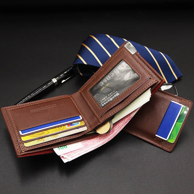 Men's black PU leather short wallet showing iron-edge card-picking design.