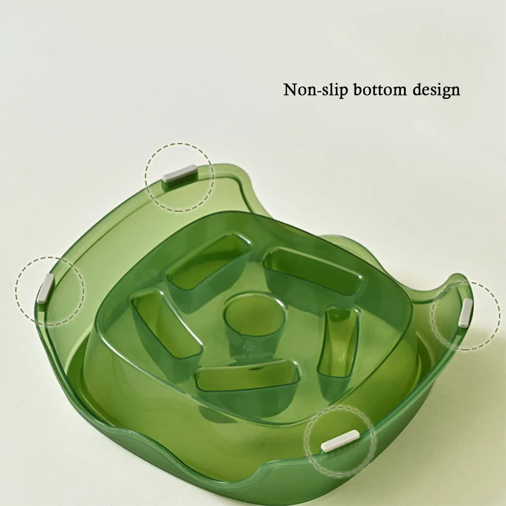 Blue plastic dog slow feeder bowl with internal maze pattern for portion control.