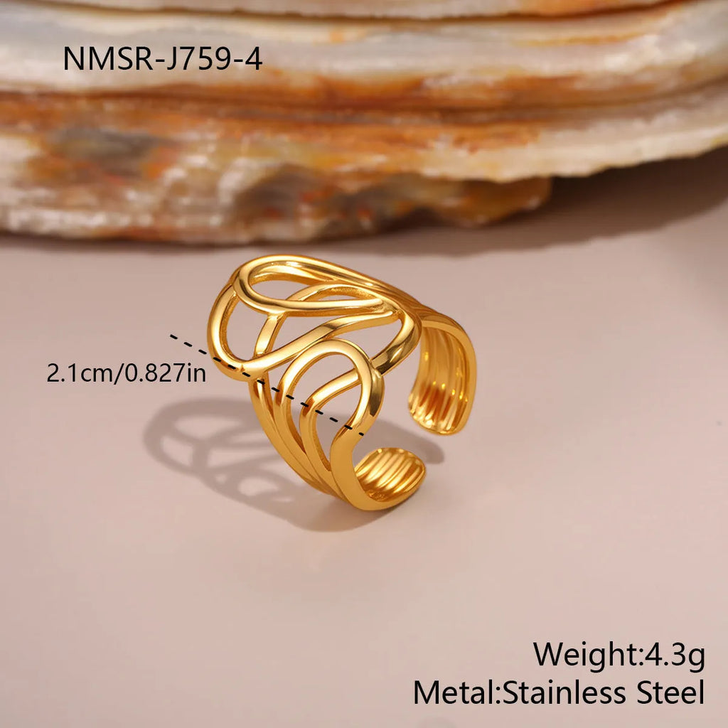 Stainless steel ring with geometric and flower pattern in open design, electroplated finish, one size