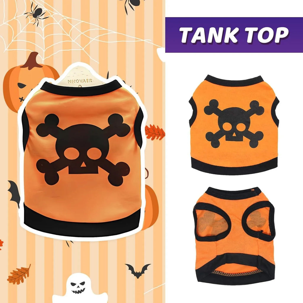 Blue Halloween dog vest with skull bones pattern on a small dog