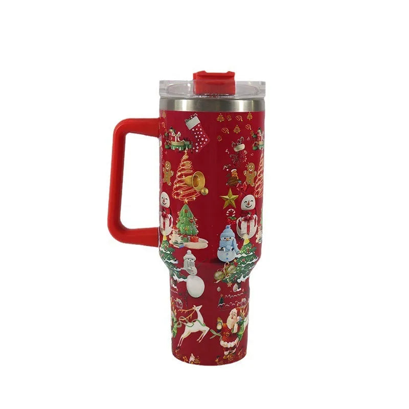 Christmas pattern stainless steel travel tumbler with handle showing capacity measurements and car holder compatibility
