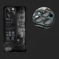 Creative circuit board phone case with lens protector in black, glass construction for iPhone