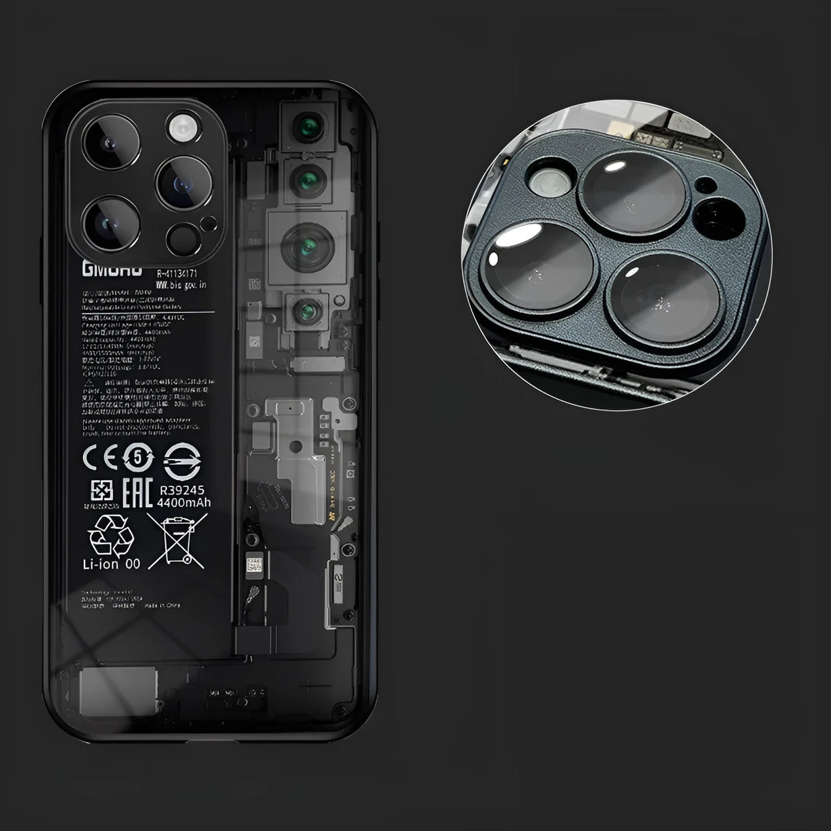 Creative circuit board phone case with lens protector in black, glass construction for iPhone