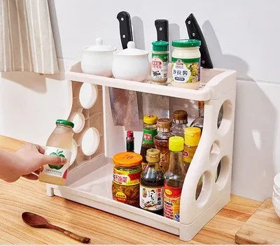 Foldable multilayer kitchen storage rack in PP plastic showing dimensions and colour options