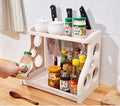 Foldable multilayer kitchen storage rack in PP plastic showing dimensions and colour options