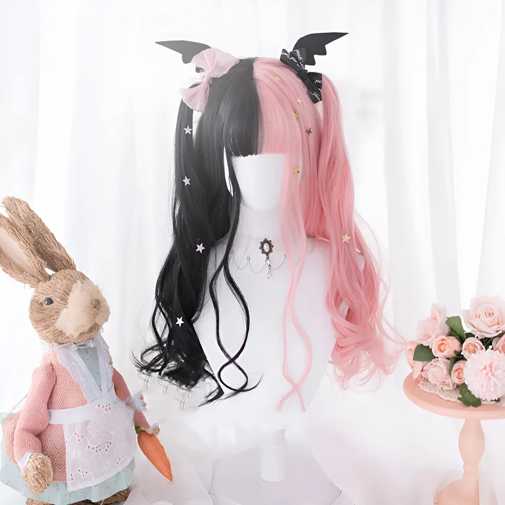 Black and pink long curly Harajuku Lolita wig with fringe for cosplay.