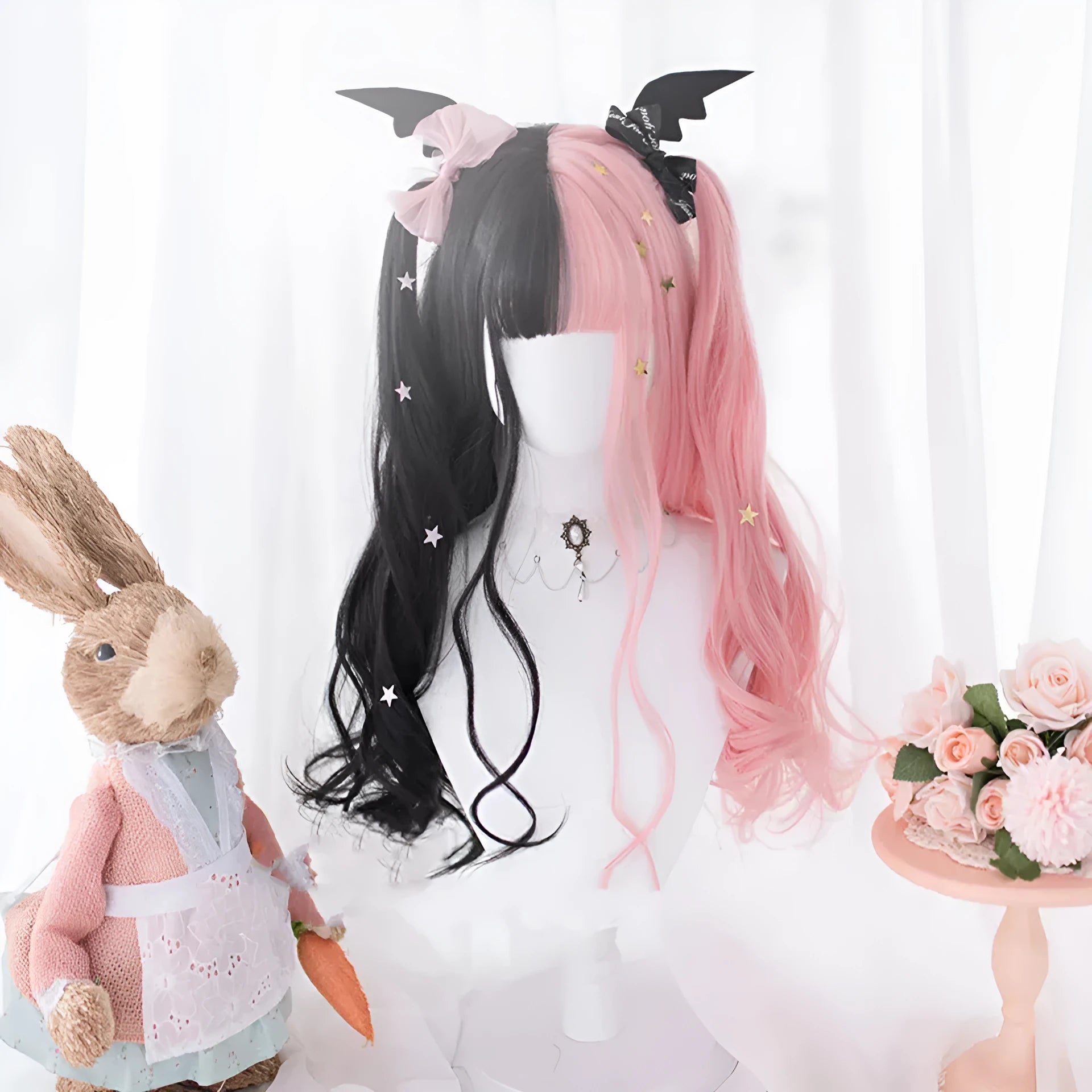 Black and pink long curly Harajuku Lolita wig with fringe for cosplay.