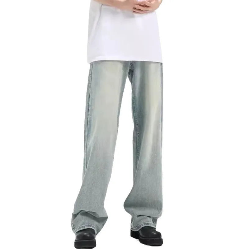 Blue retro-style loose casual trousers made from rabbit fur on a size chart.