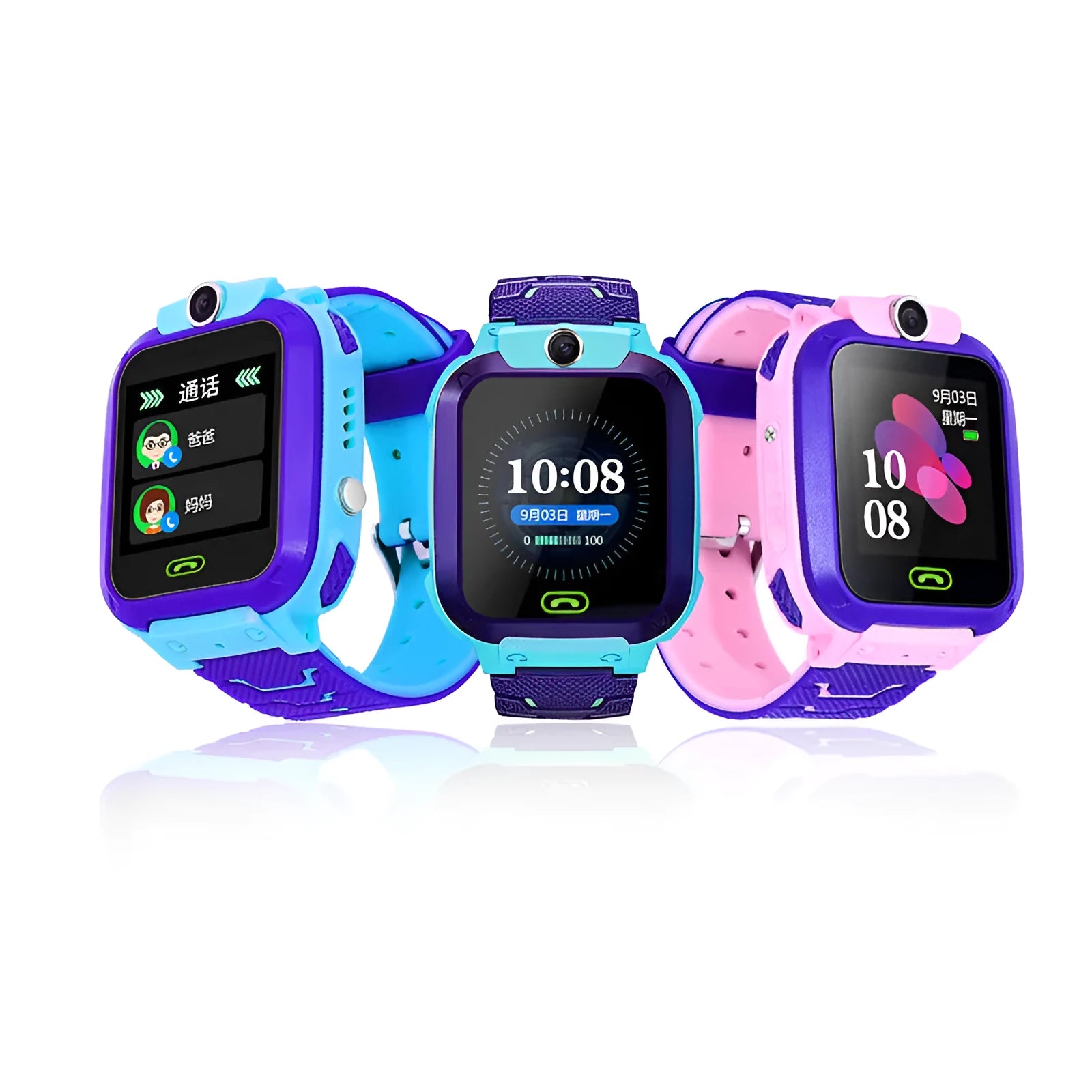 Blue children's GPS smartwatch with a colour touch screen on a silicone strap.