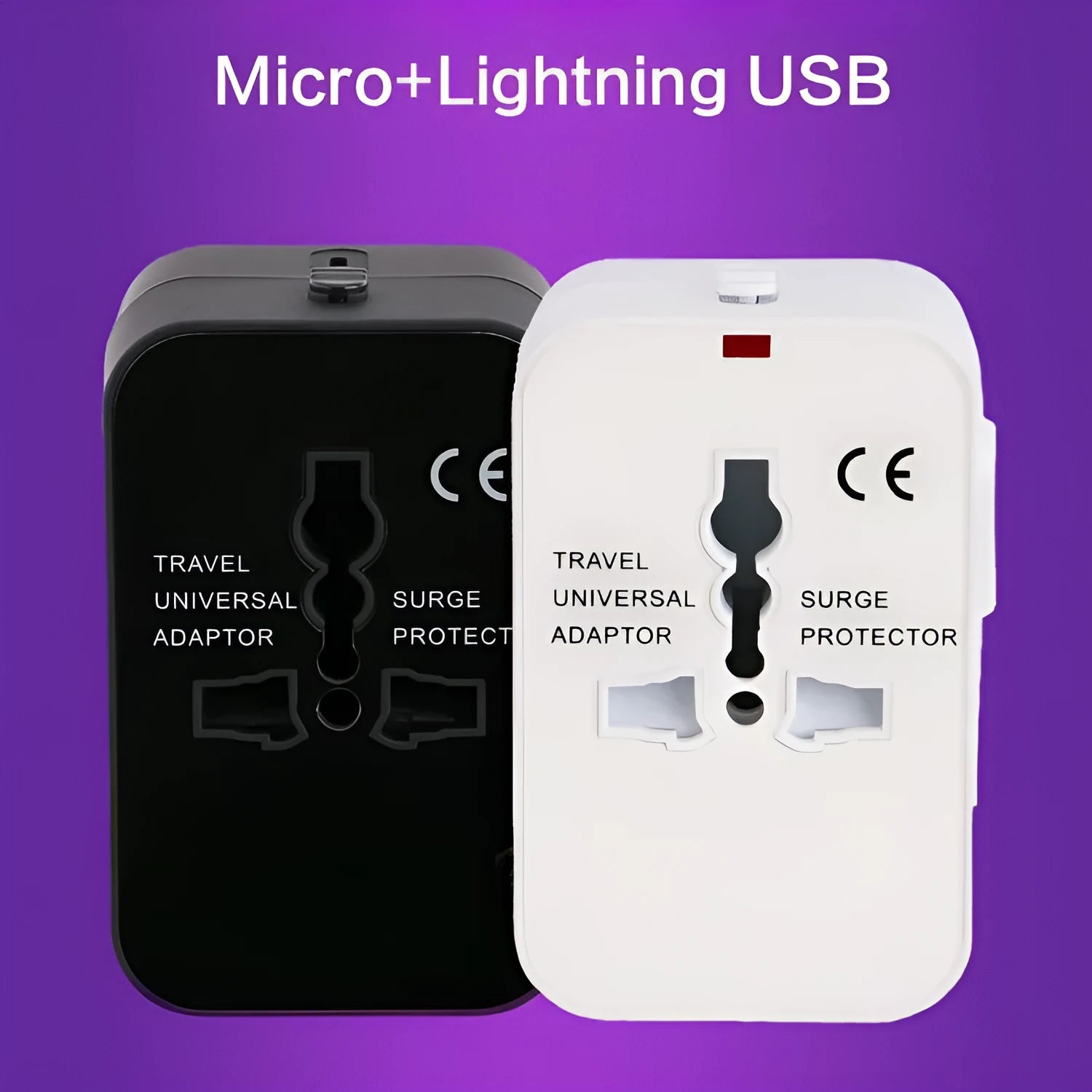 Black universal travel adapter plug with USB port and child safety door for international power conversion