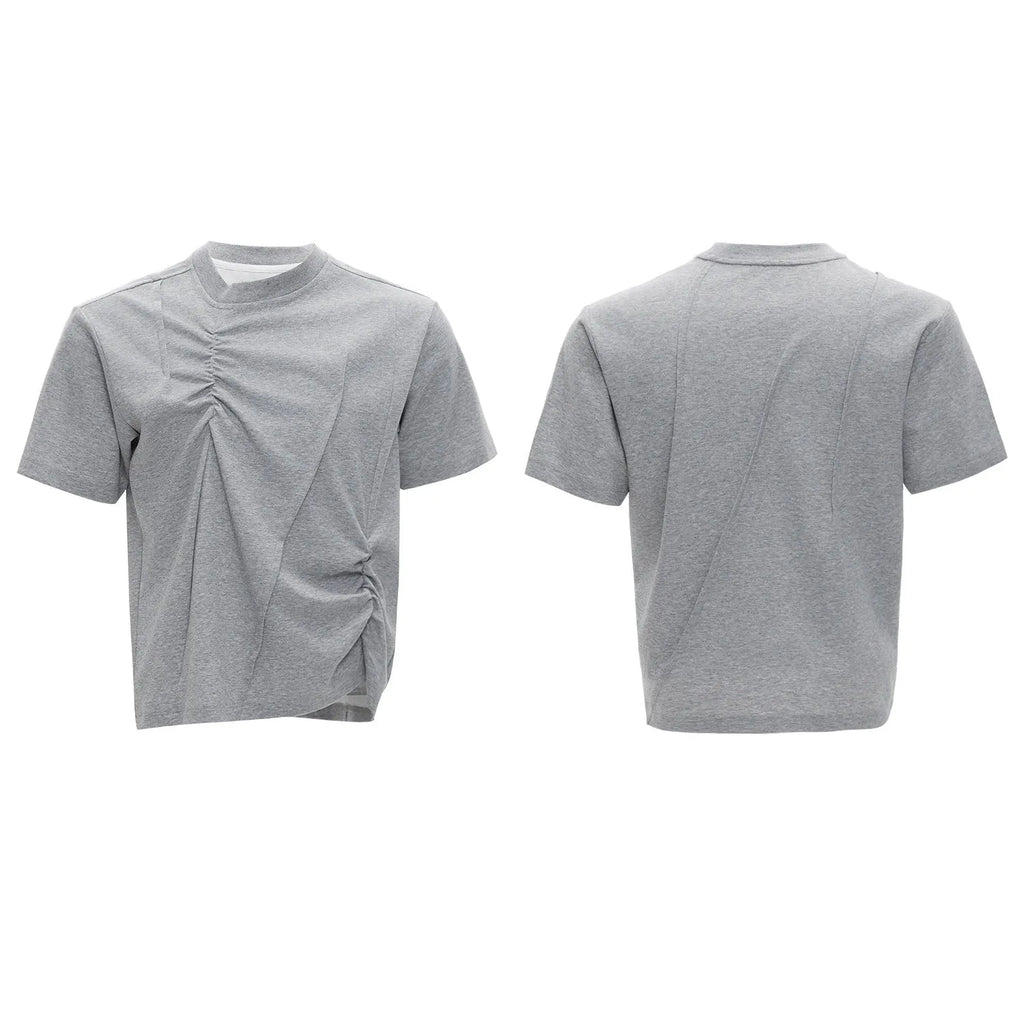 Men's loose fit cotton t-shirt with round neck collar and asymmetrical stitching in black, grey, or white