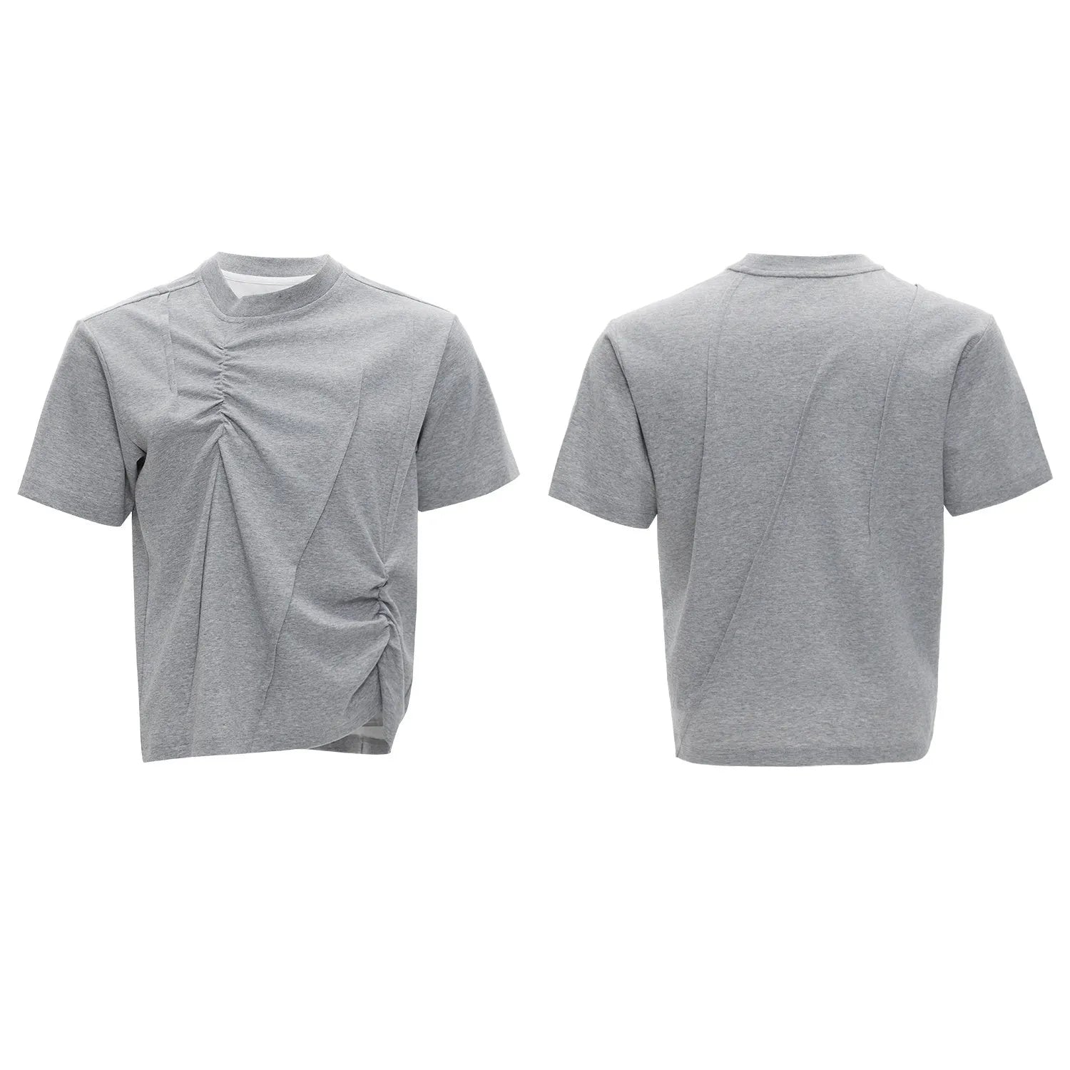 Men's loose fit cotton t-shirt with round neck collar and asymmetrical stitching in black, grey, or white