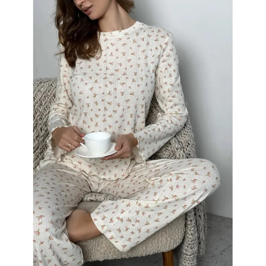 White floral print women's home wear suit with bell sleeves and wide-leg trousers