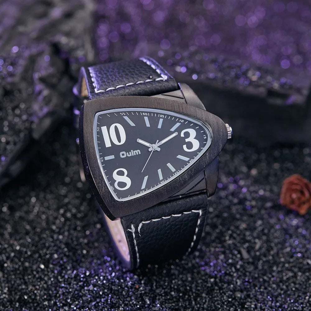 Men's casual watch with a geometric triangle-patterned strap and slim case, shown in brown, black, and blue colour variants.