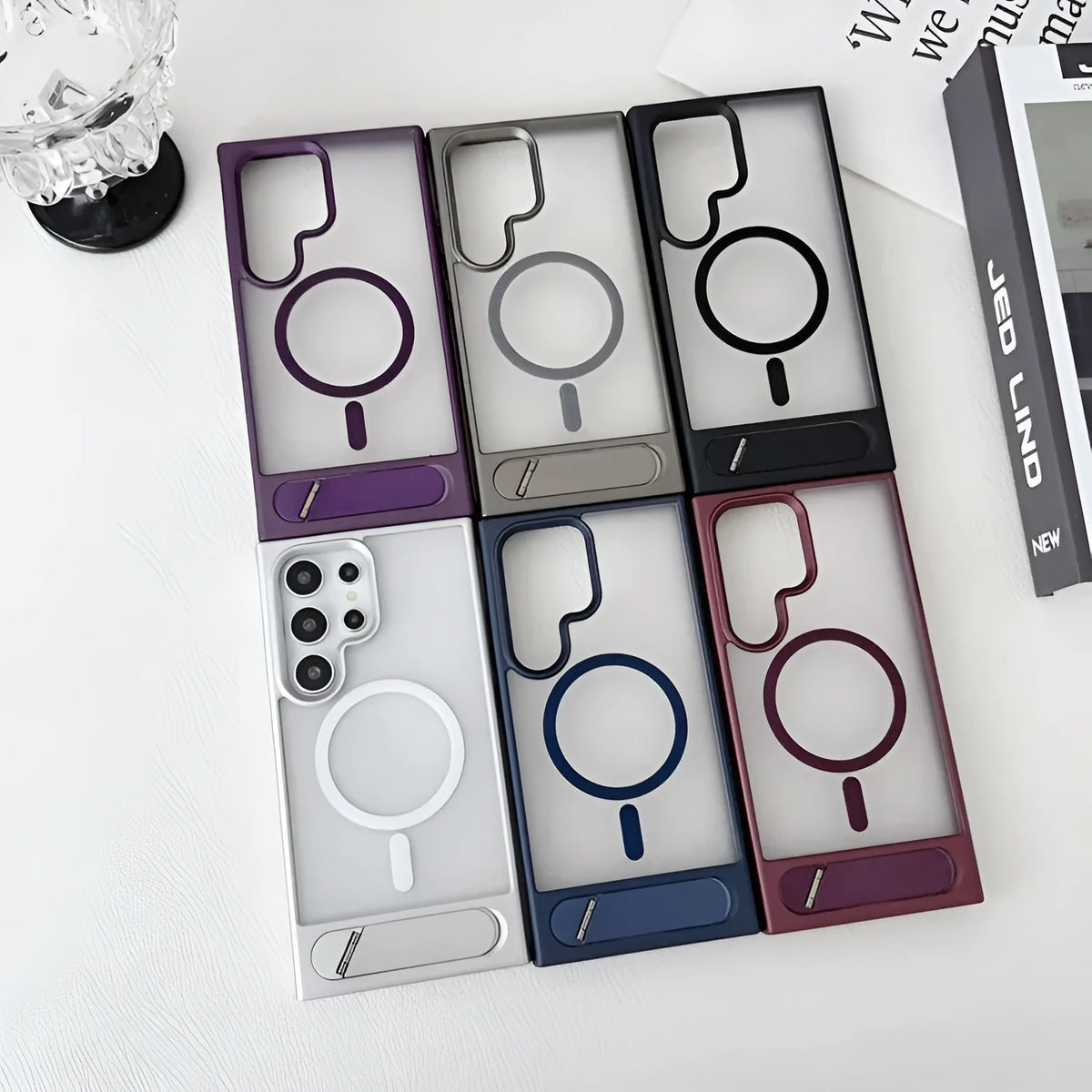 Folding metal bracket phone case for Samsung S23 in black with frosted skin-feel finish and magnetic function