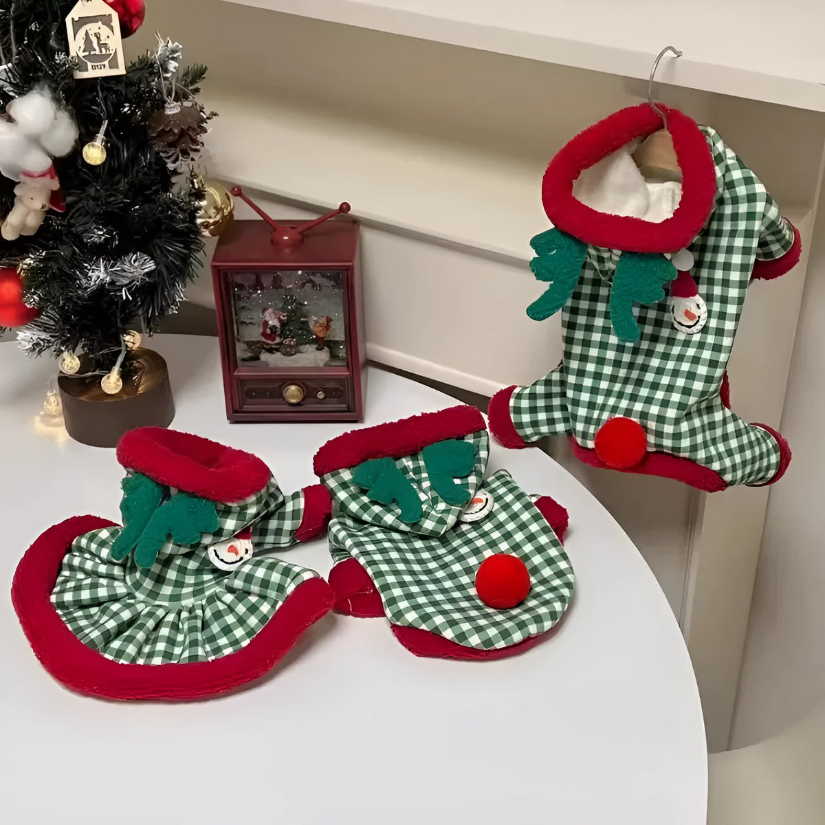 Plaid dog hoodie and Christmas pet princess dress in milk silk fabric, snowman pattern, sizes XS-XXL for small dogs and cats