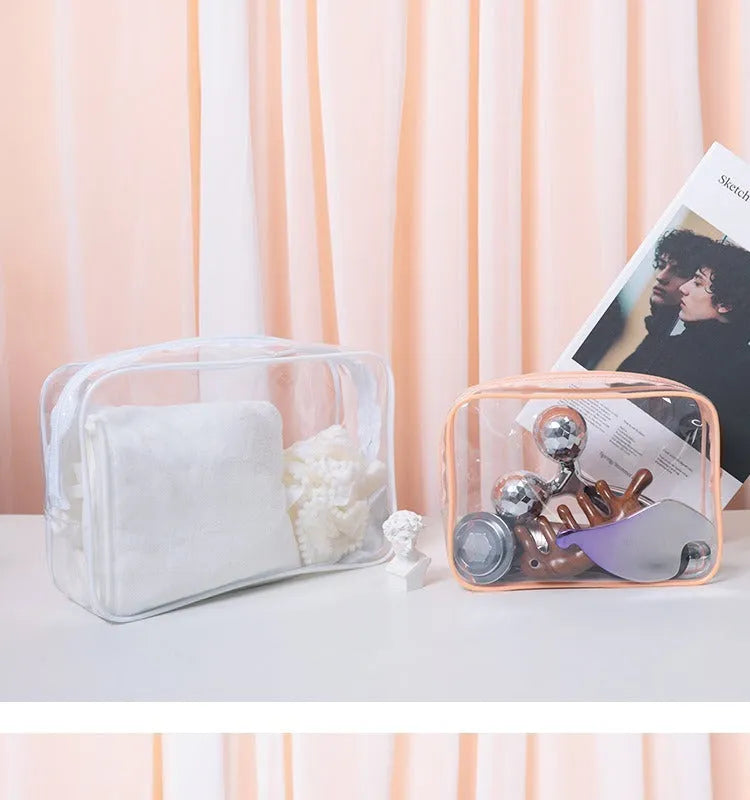 PVC transparent makeup bag set in three colours with semi-transparent design showing contents