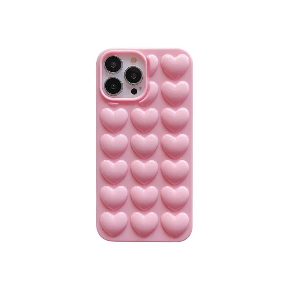 Solid colour 3D heart iPhone case in TPU, back cover style with fall protection, shown for iPhone models