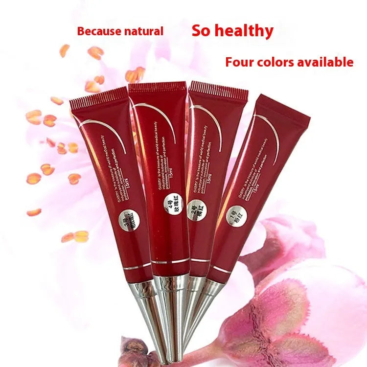 Vermilion lip gloss tube showing five colour shades: pink, orange red, bright rose red, rose red, seashell.