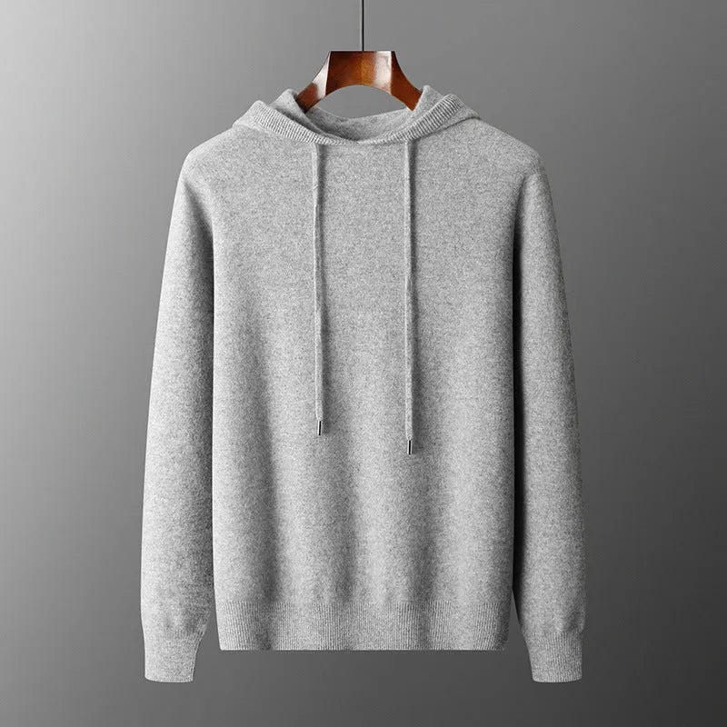Men's light grey cashmere knitted hoodie and trousers casual winter set.