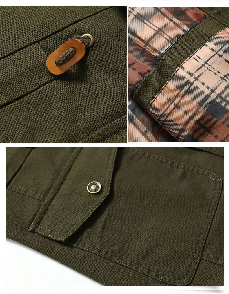 Military style mid length jacket in khaki with cardigan front and polyester fibre fabric