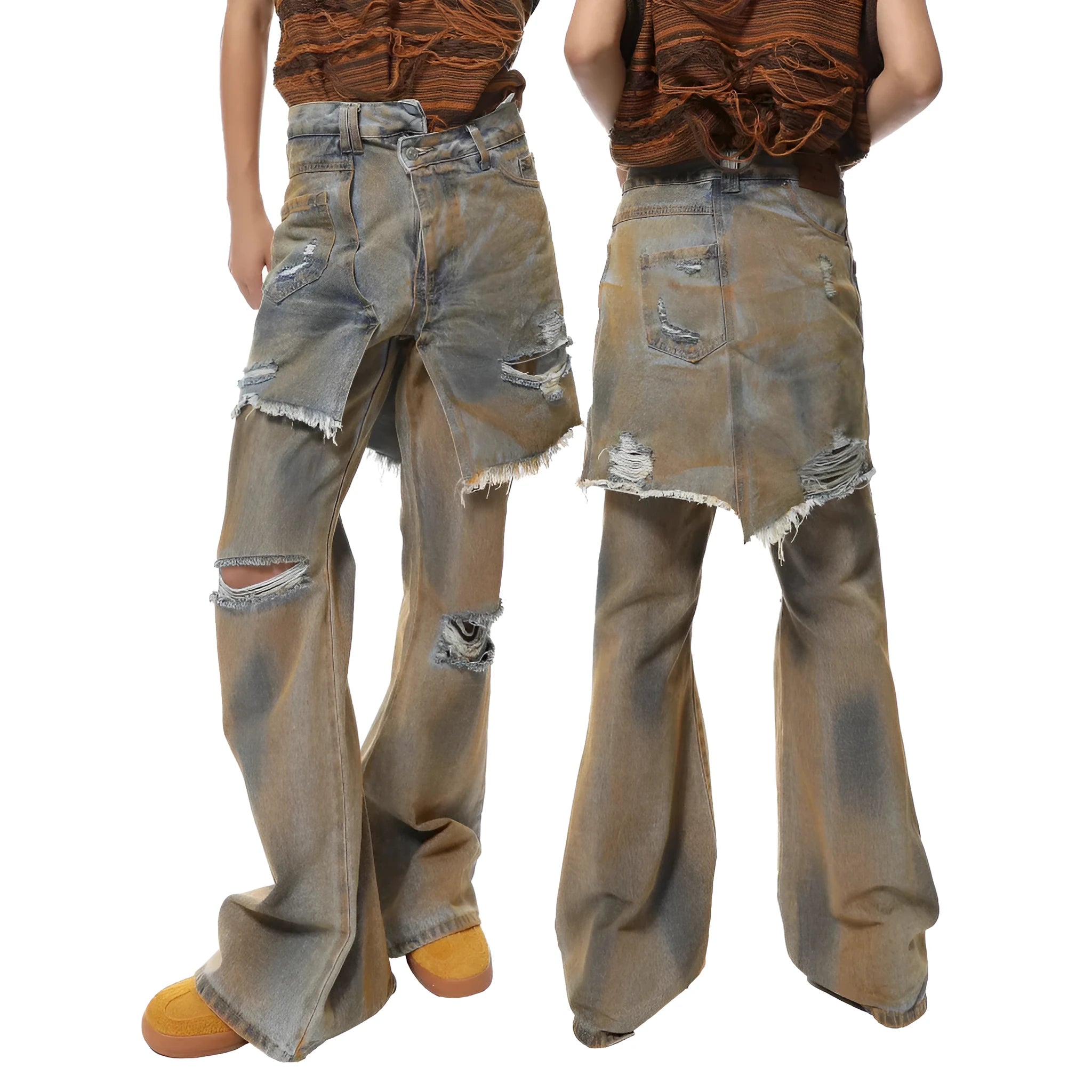 American Street loose hole bootcut trousers in denim, showing high waist and straight-leg style on a hanger.