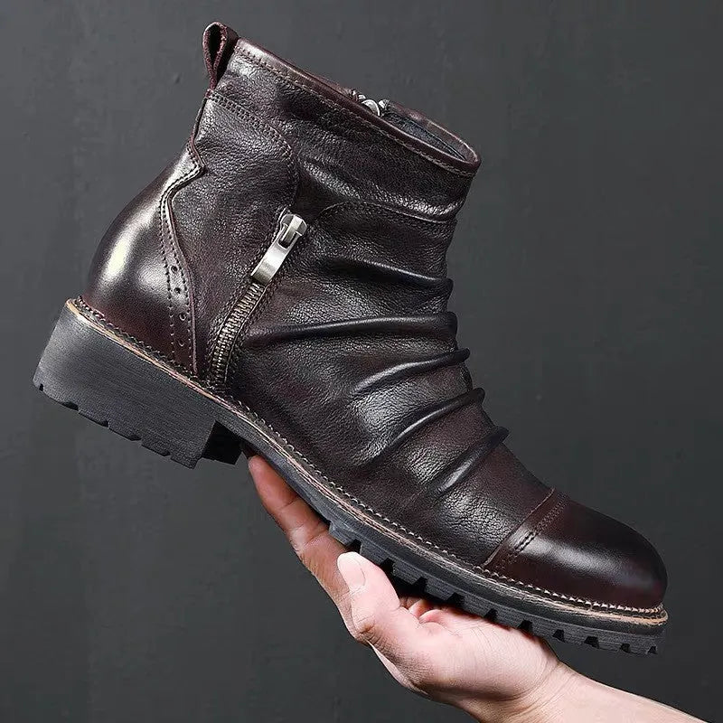 Retro round toe PU leather Martin chunky heel ankle boots in black with side zipper and rubber sole