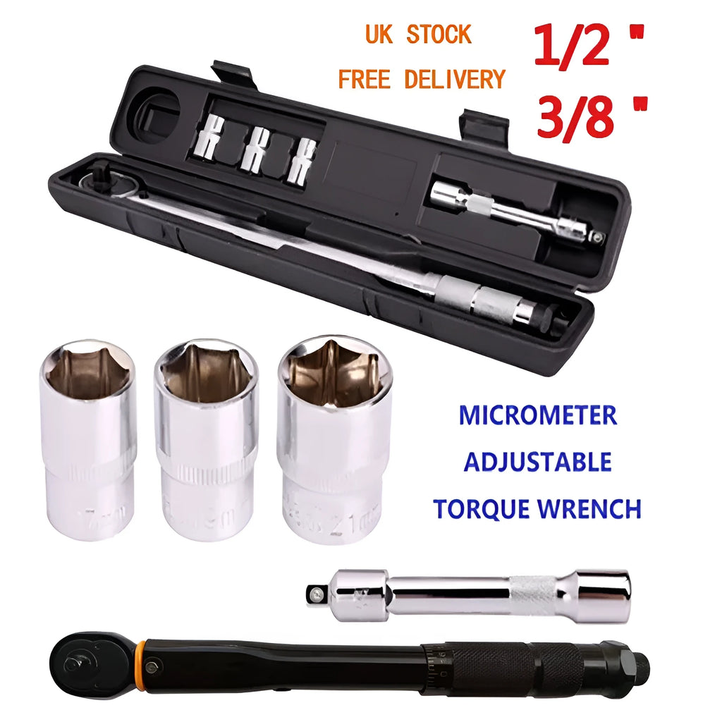 Five-piece multifunctional torque preset torque wrench set with extension rods on a workbench