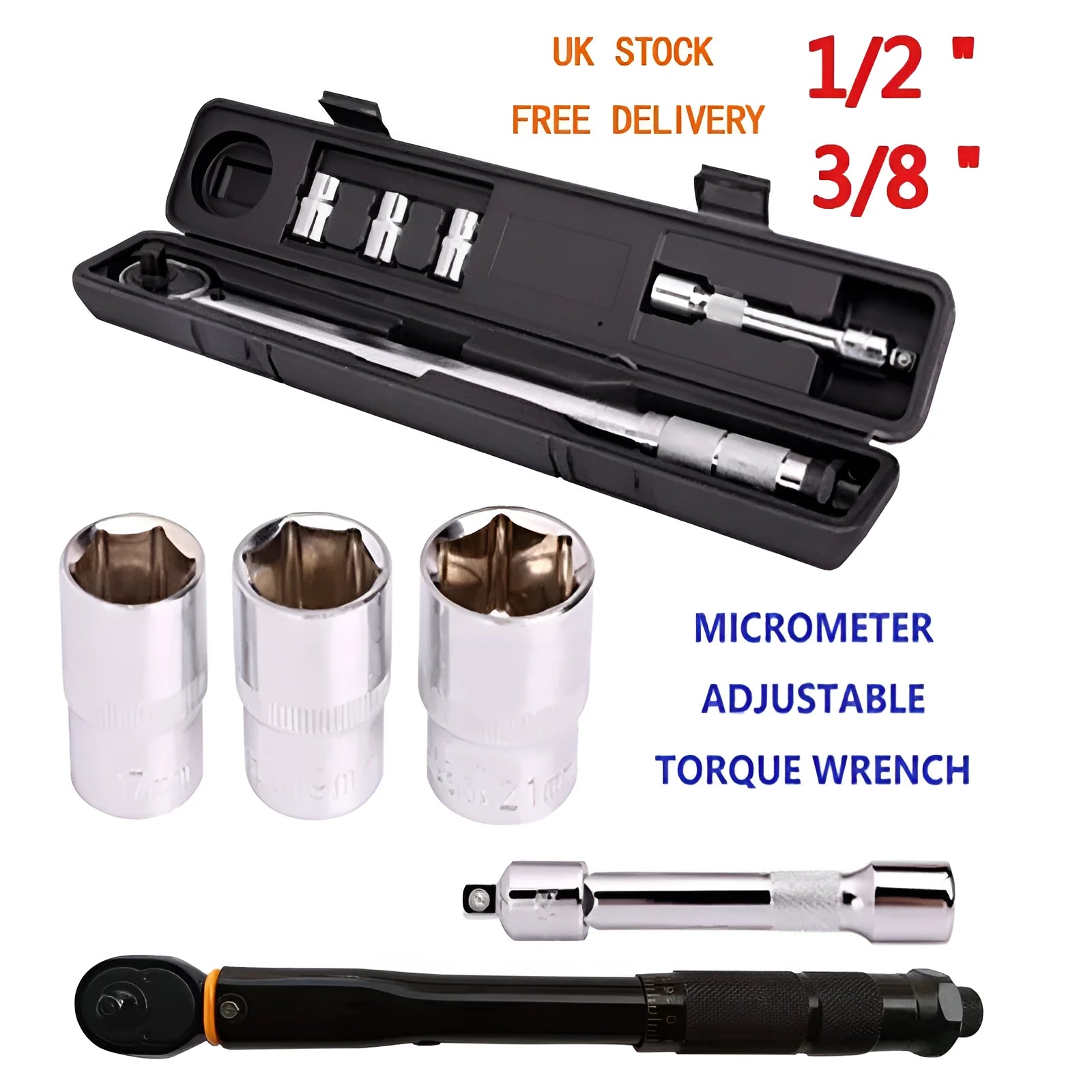 Five-piece multifunctional torque preset torque wrench set with extension rods on a workbench