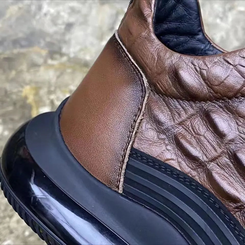 Men's high-top warm air cushion shoes in black with cowhide upper, rubber sole, elastic band, and carved detailing